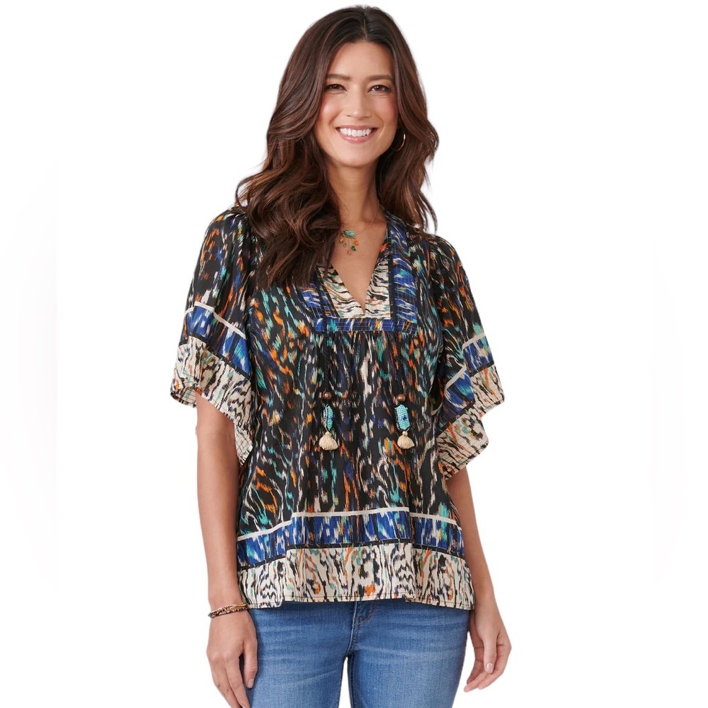 Democracy Indigo  Multi Print Short Sleeve Top.